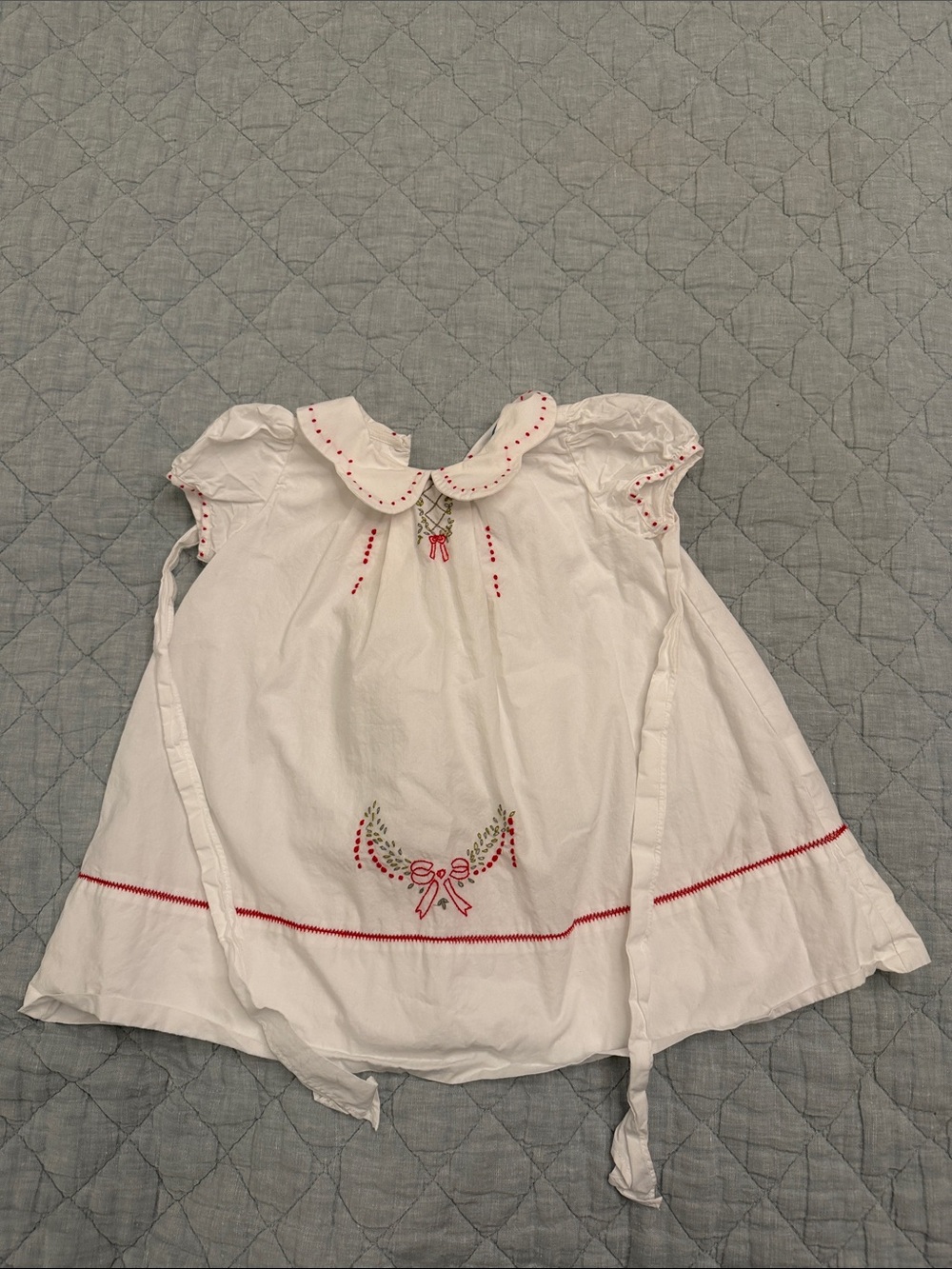Luli & Me White Dress with Red Embroidery and Bow